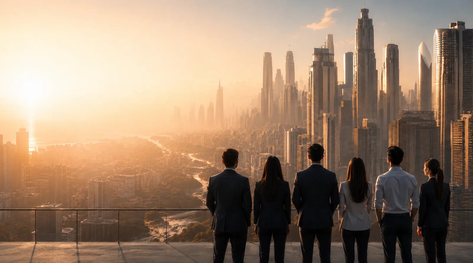 Young professionals overlooking a modern corporate city